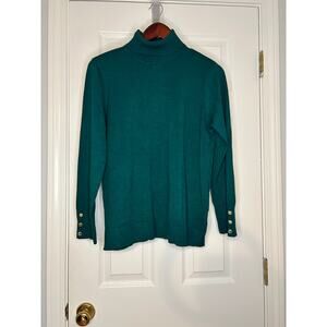 Anne Klein Womens Green Turtleneck Sweater Size L Gold Button Cuff Knit Pullover